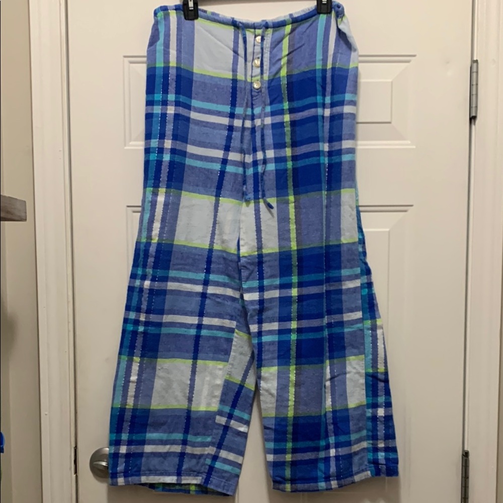 4/$10 Cotton Size Large Blue Plaid Wide-Leg Pajama Pants